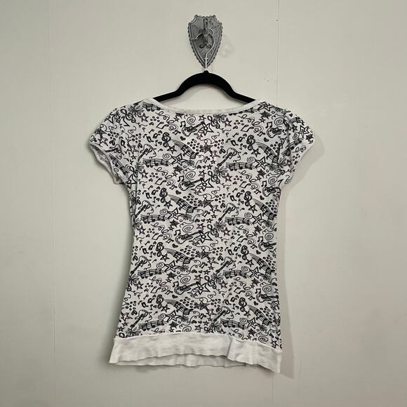 Y2K Vintage Energie L short sleeve t-shirt music notes AOP pockets black white - Picture 5 of 7